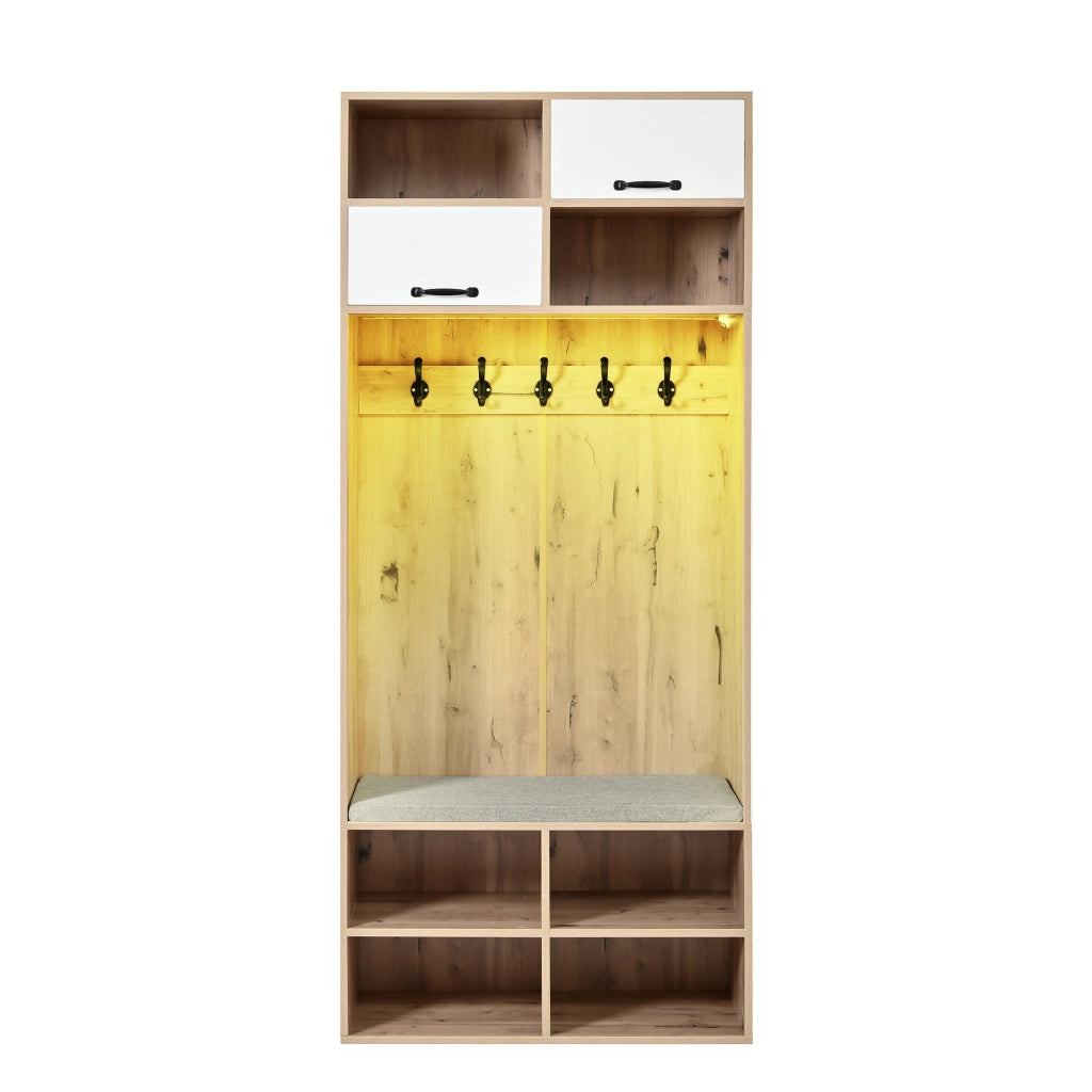 Mobile da ingresso con 5 ganci, 2 ante, 4 vani aperti e LED, in truciolare, bianco naturale, 80 × 35 × 185 cm