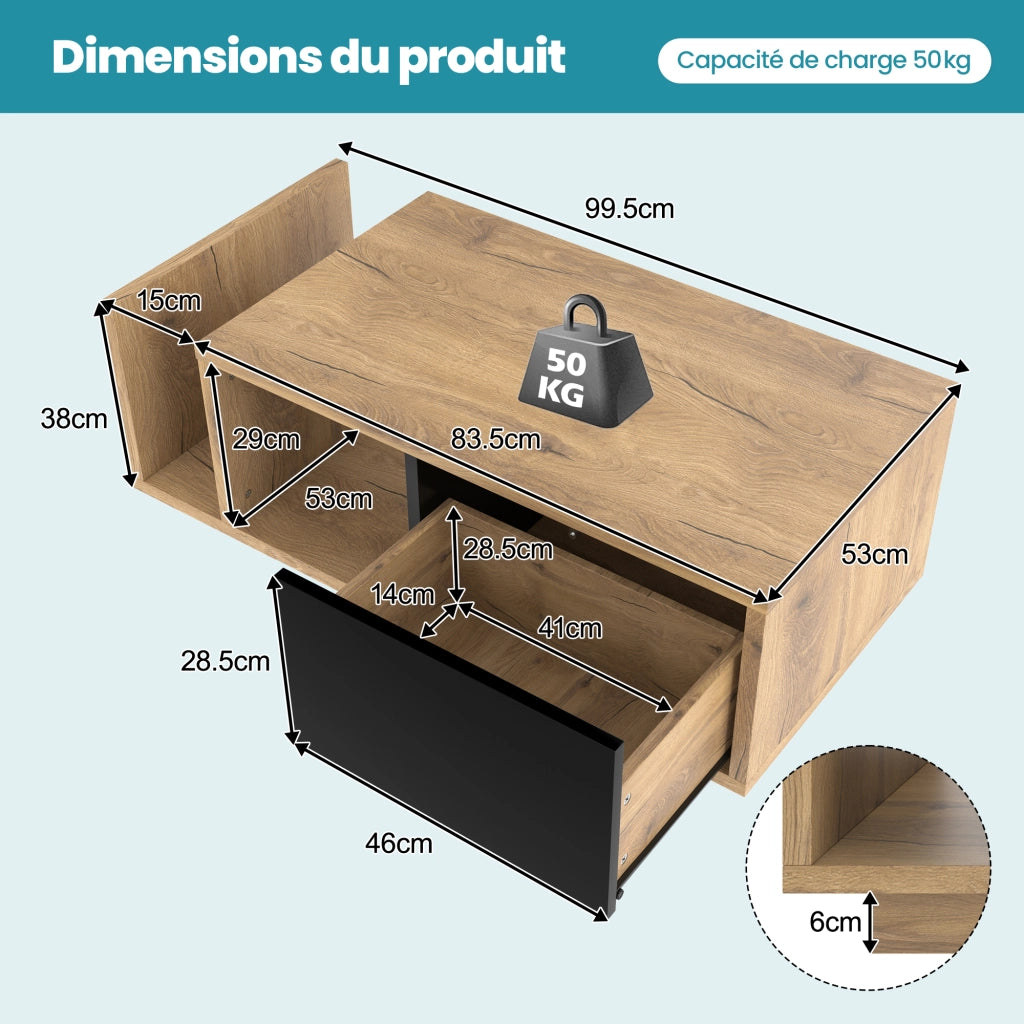 Tavolino basso con LED, 1 cassetto e vano aperto, stile retro, per soggiorno, in legno ingegnerizzato, naturale