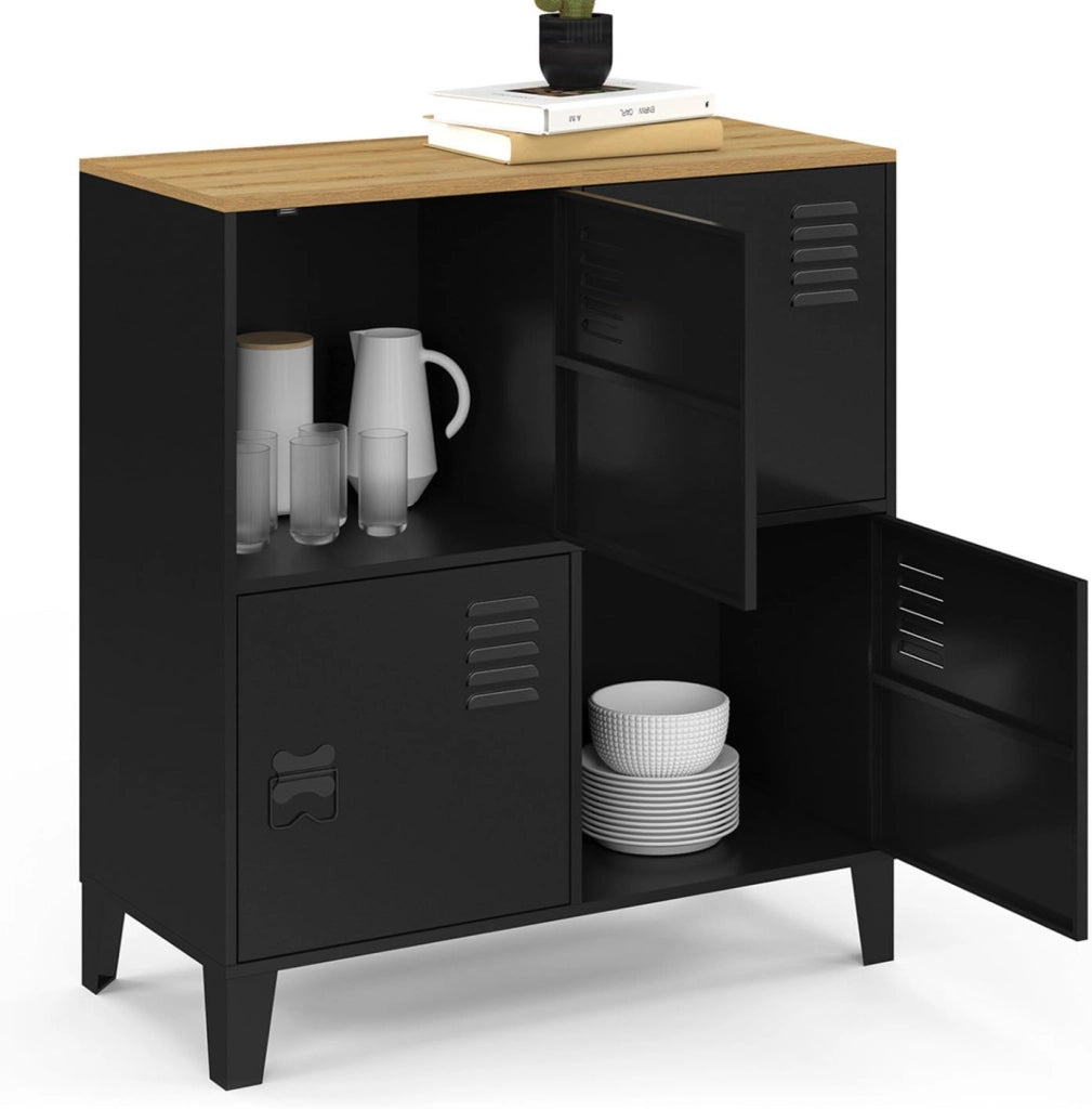 ESTER Credenza a 4 ante in metallo nero con piano in legno dal design industriale, altezza 70 cm