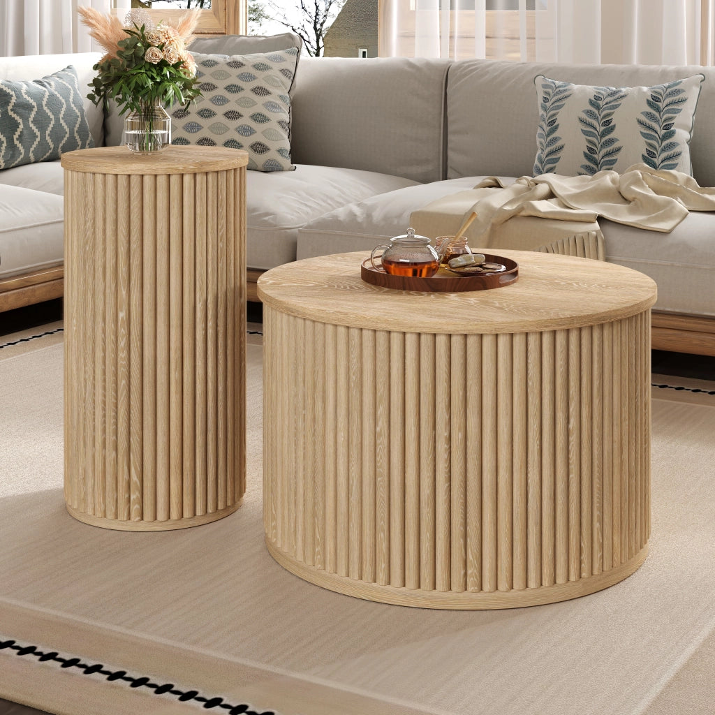 Tavolini da Caffè Rotondi Nidificabili con Motivo a Righe 3D; Stile Moderno; in MDF; Naturale; 60×60×38;5 cm