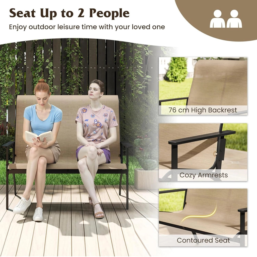 Panca giardino esterno a 2 posti, sedia Adirondack in Textilene con carico di 400 kg, panca di terrezza con schienale alto e braccioli per patio, balcone, 81 x 120 x 106 cm