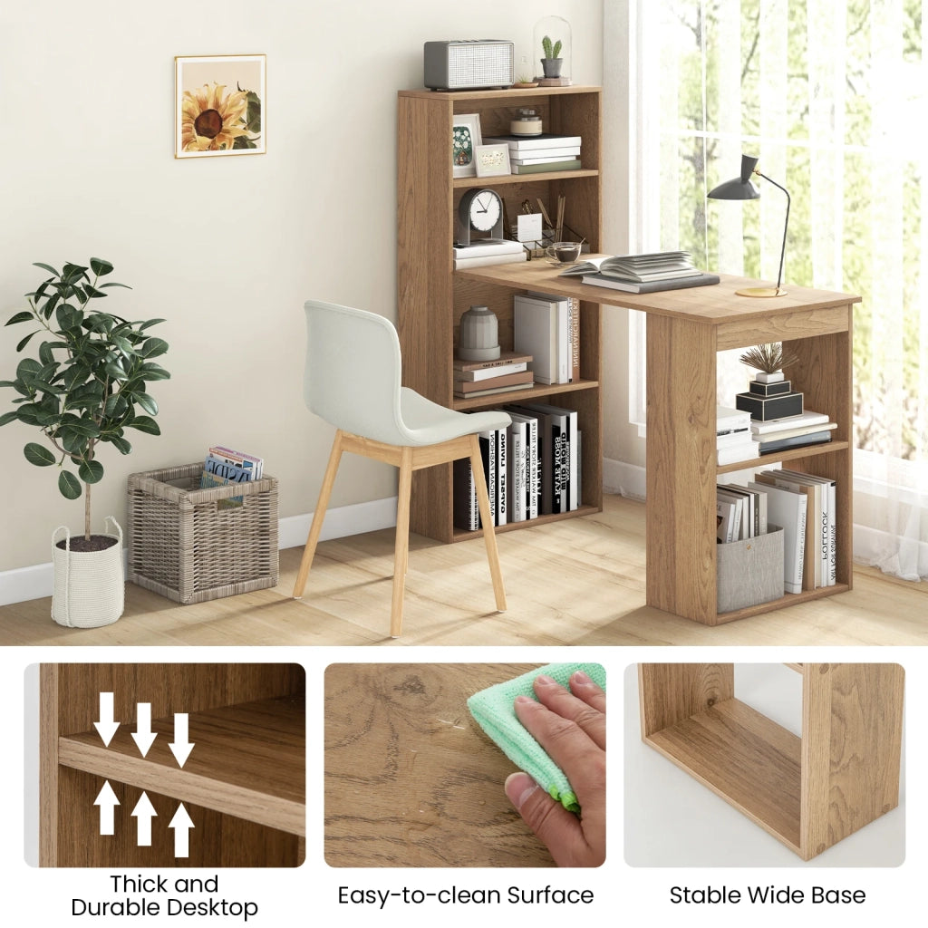 Scrivania per computer 48 Inch con libreria a 4 ripiani e supporto CPU, legno MDF colore naturale, salvaspazio per casa e ufficio