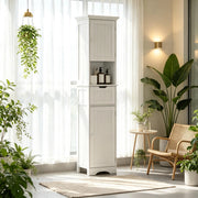 Mobile colonna bagno stretto bianco con LED, cassetto, 2 ante e ripiani aperti