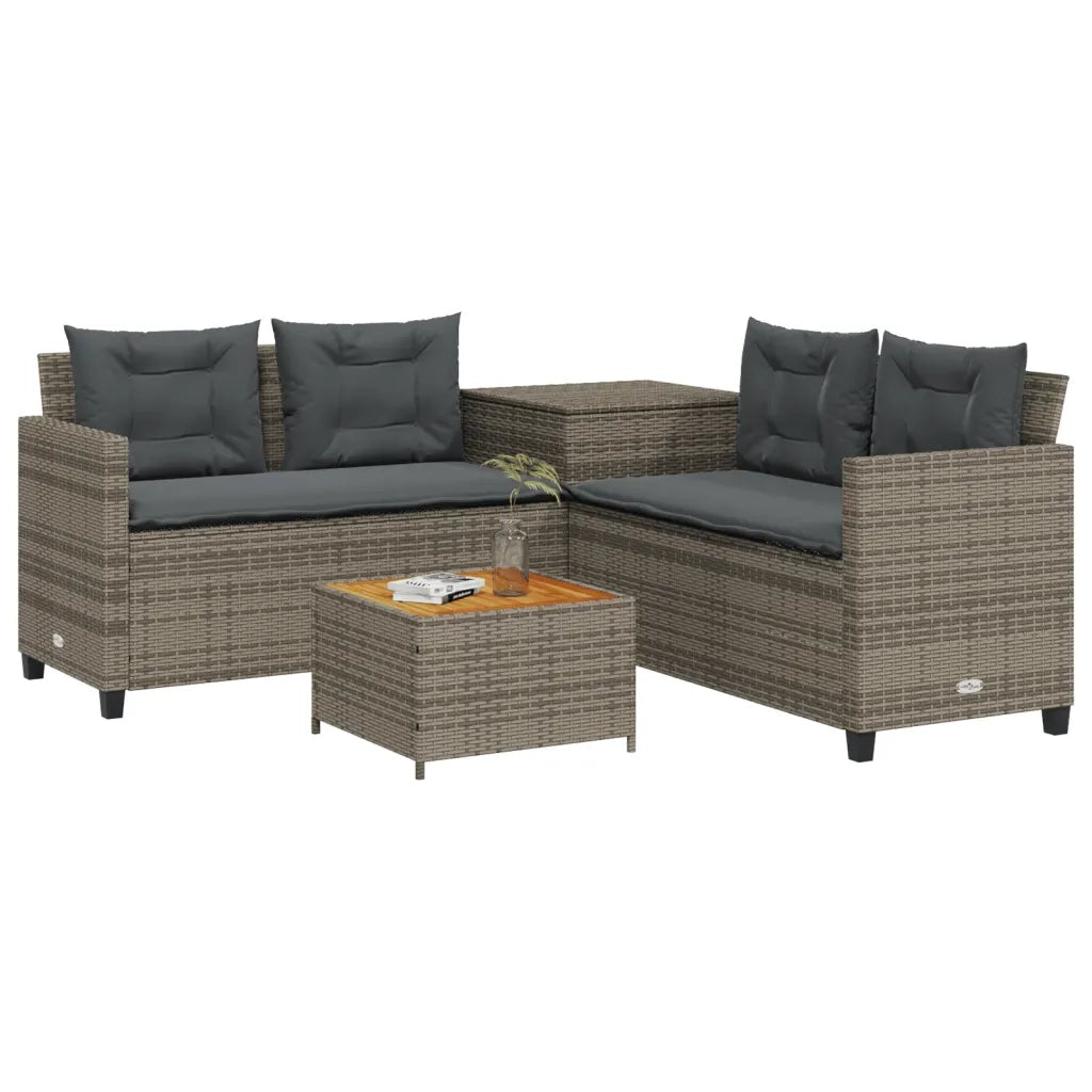 Divano da Giardino con Tavolo e Cuscini a L Grigio Polyrattan 369037