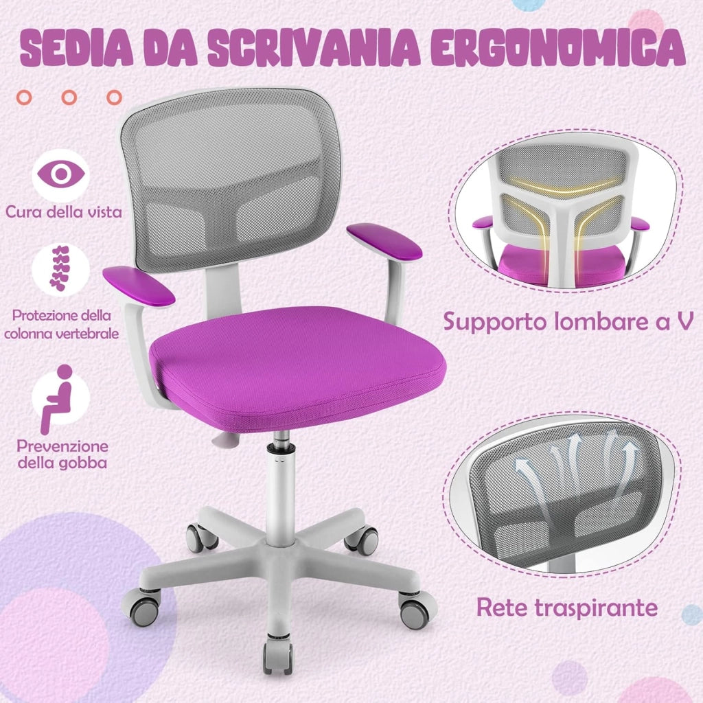 Sedia per Scrivania per Bambini, Sedia per Computer per Bambini con Altezza Regolabile, Ruote con Freni, Sedile Girevole a Rete, Sedia Ergonomica per Bambini 3-10 Anni (viola)