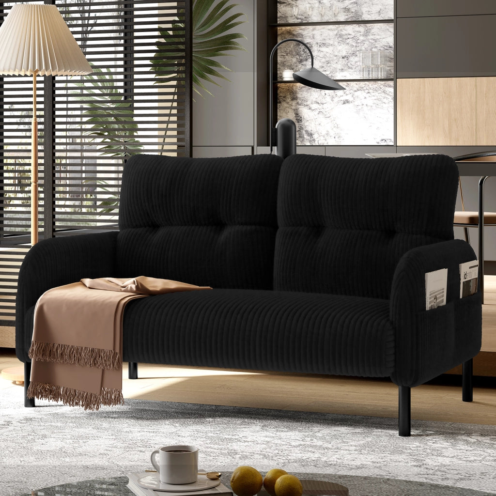 OKWISH Divano 2 Posti, Schienale Ergonomico con Tasche Laterali e Seduta Ampia, Piedini in Metallo, Velluto a Coste Nero