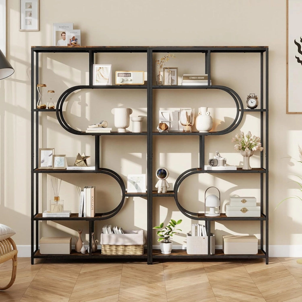 Libreria a 5 Ripiani, Scaffale Alto Autoportante a Forma Ovale con Ripiani Aperti, Struttura in Metallo, Organizer per Soggiorno e Ufficio di Casa, 95x30x175 cm (Marrone)