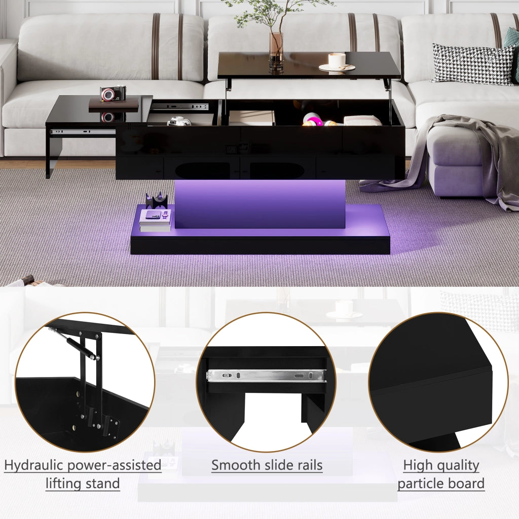 Tavolino da caffè con piano alzabile; vano contenitore e LED - per soggiorno - in truciolare - 100x50x45 cm - nero