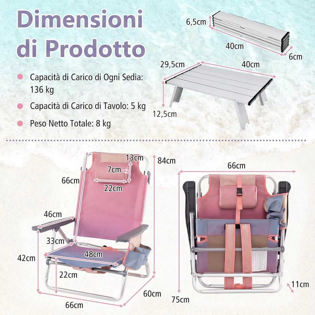 Set di 2 Sedie e Tavolino da Spiaggia Pieghevole, Schienale Regolabile a 5 Livelli, con Portatesta, Borsa Portaoggetti, Borsa Termica, per Campeggio Picnic Esterno (Rosa Chiaro, Modello 2)