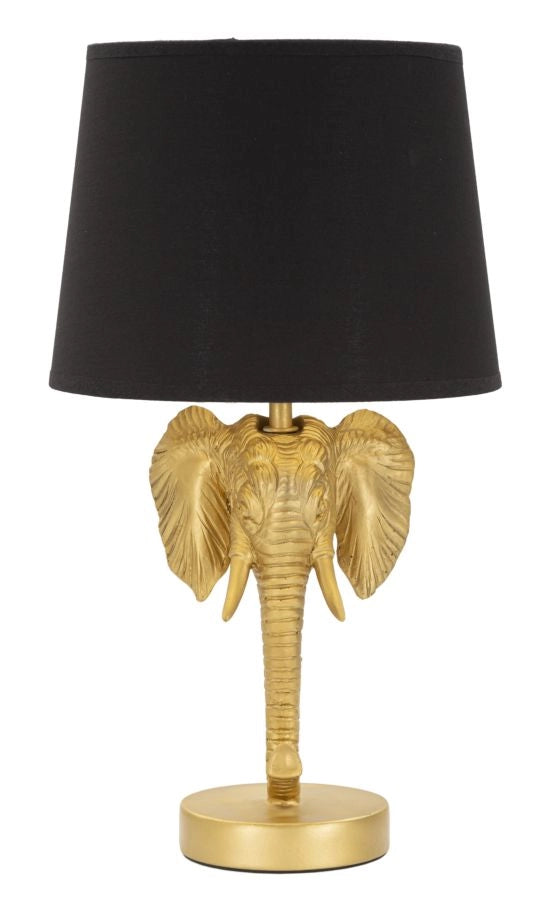 Lampada da tavolo con testa di elefante dorata, paralume nero diam 25x43 cm