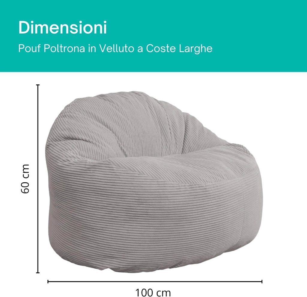 Pouf Poltrona Sacco in Velluto a Coste Larghe - Morbido e Confortevole - Imbottitura in Schiuma, Ottimo Supporto per la Schiena - Pouf Divano Gigante (100 cm, Grigio Chiaro)