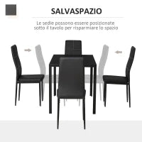 Set 5 Pezzi con 1 Tavolo e 4 Sedie per Cucina o Sala da Pranzo in Finta Pelle, Metallo e Vetro Temperato, Nero