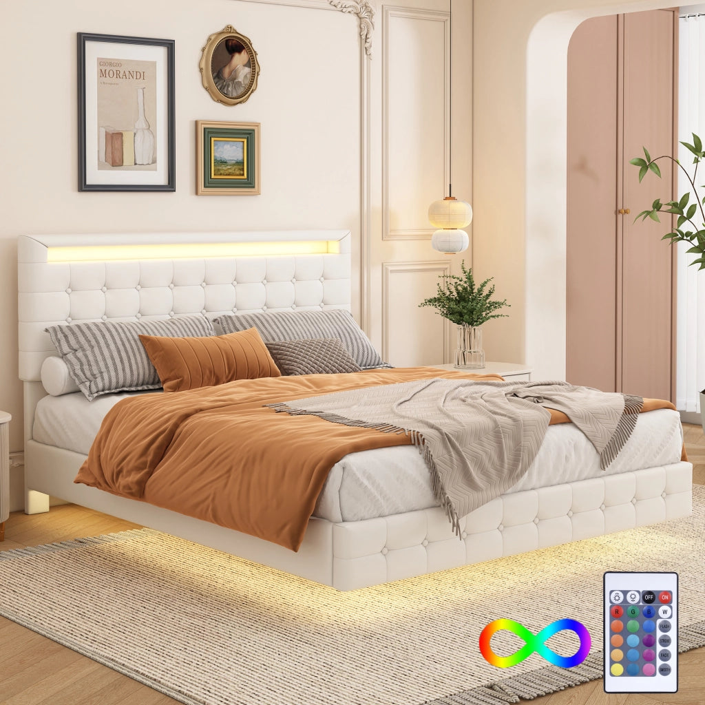 Letto Matrimoniale con LED Regolabile e Testiera Regolabile 140×200 cm; senza Materasso; PU; Bianco