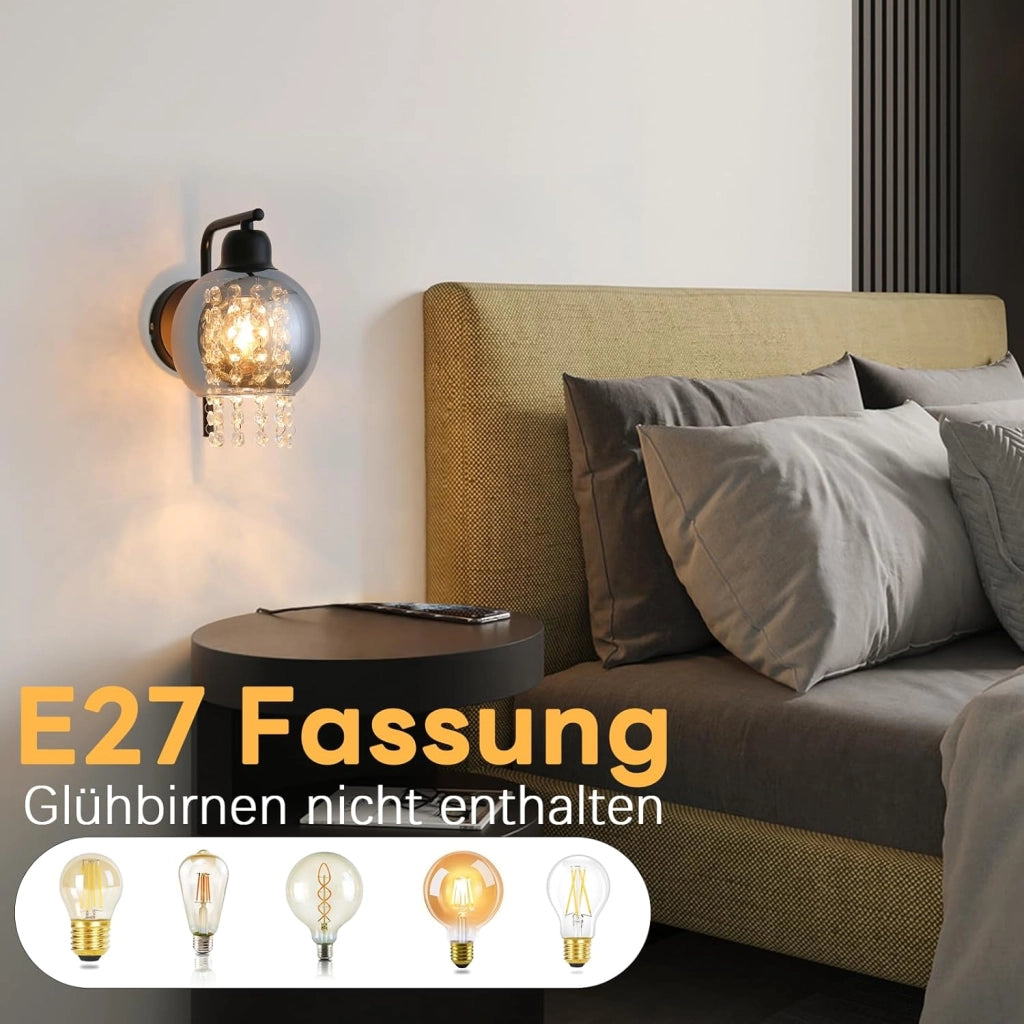 ZMH Applique da parete per interni E27 in vetro grigio fumé design lampada da parete in cristallo per letto scale