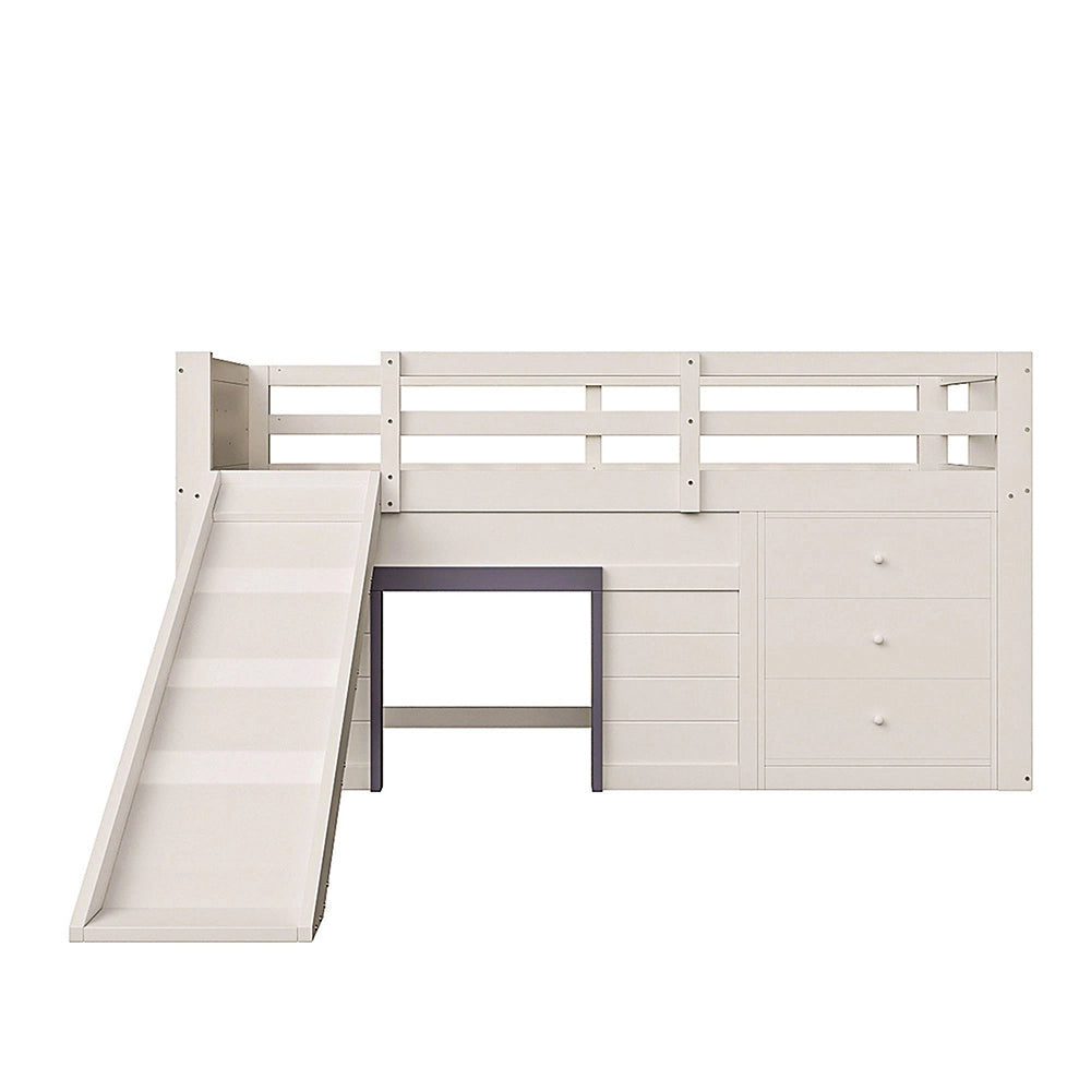 Letto basso con scivolo 90x200cm - Xylo - crema, 3 cassetti+2 ante
