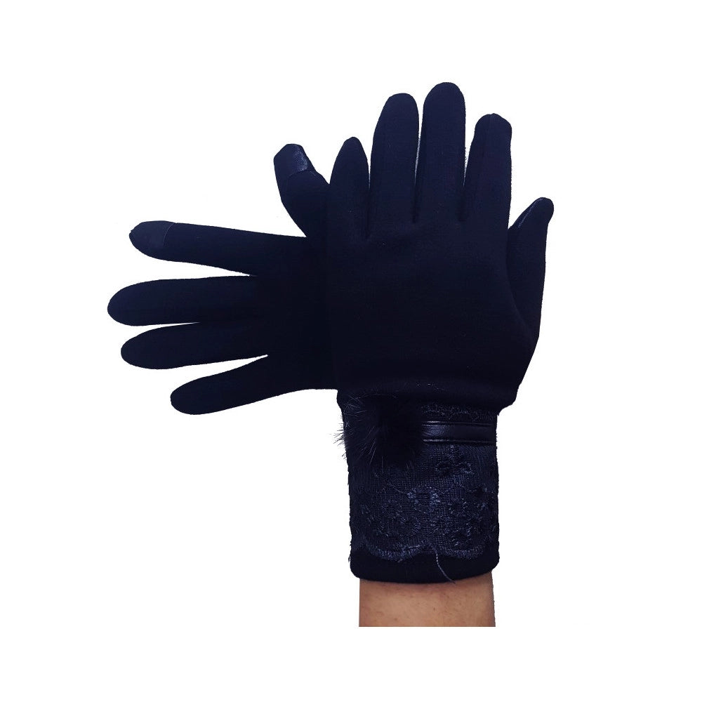 Trade Shop - Guanti Tessuto Cotone Donna Blu Pon Pon Pizzo Taglia 8 Gloves Fodera -