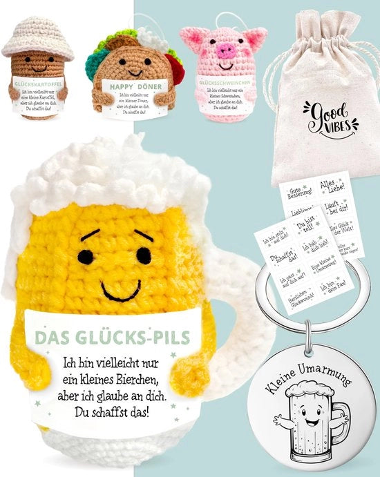 Set di regalo Bier Glücks-Pils Ingo composto da Positive Potato, contenitore regalo e pocket hug - Positive Potato, portafortuna esame, regalo di incoraggiamento, regalo di conforto