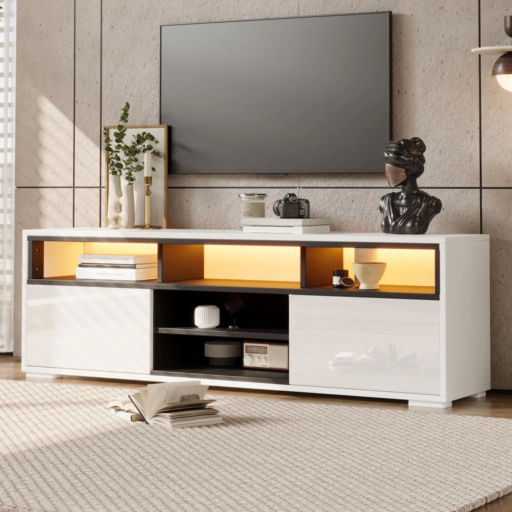 Mobile TV LED 150 x 35 x 50 cm, bianco, in pannello truciolare, con vani portaoggetti, luci LED e portata 30 kg