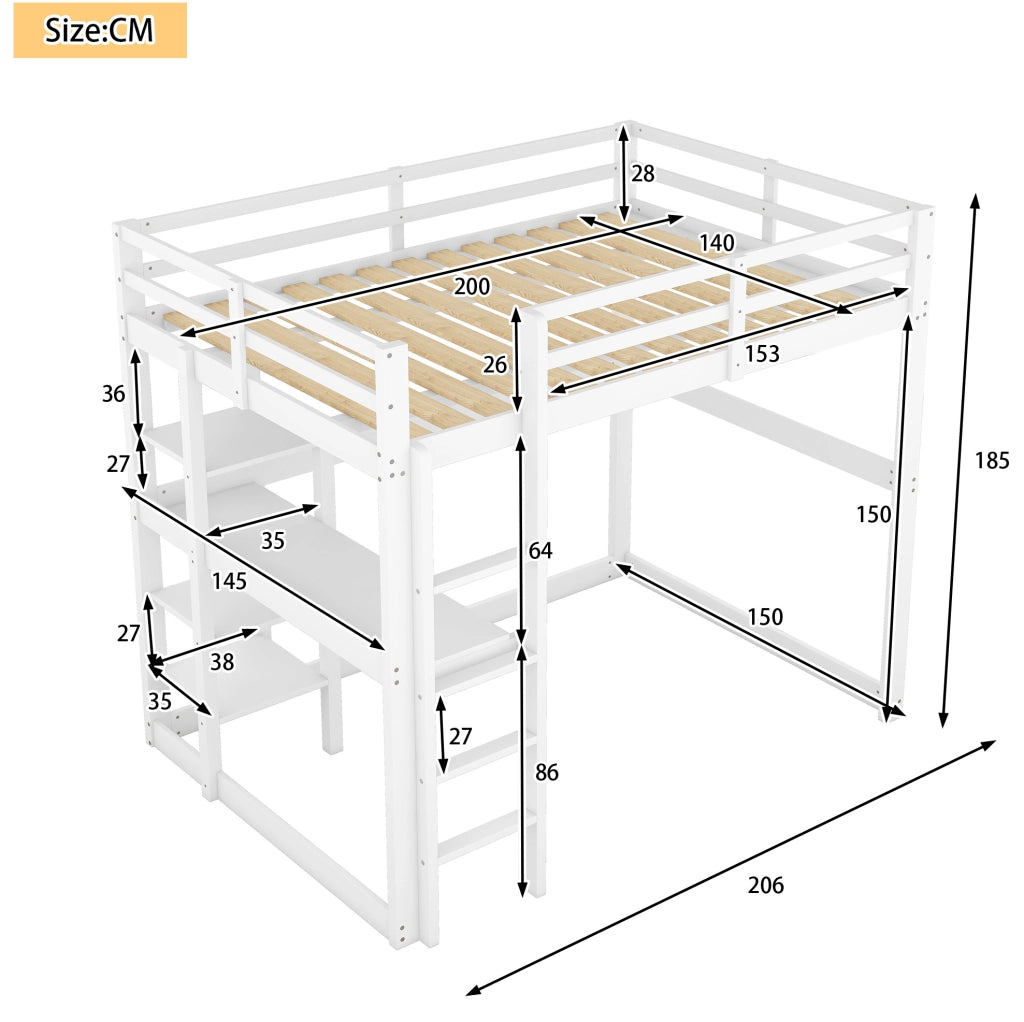 Letto a soppalco 140x200 cm con scrivania e 4 vani contenitore; in pino e MDF; bianco antico