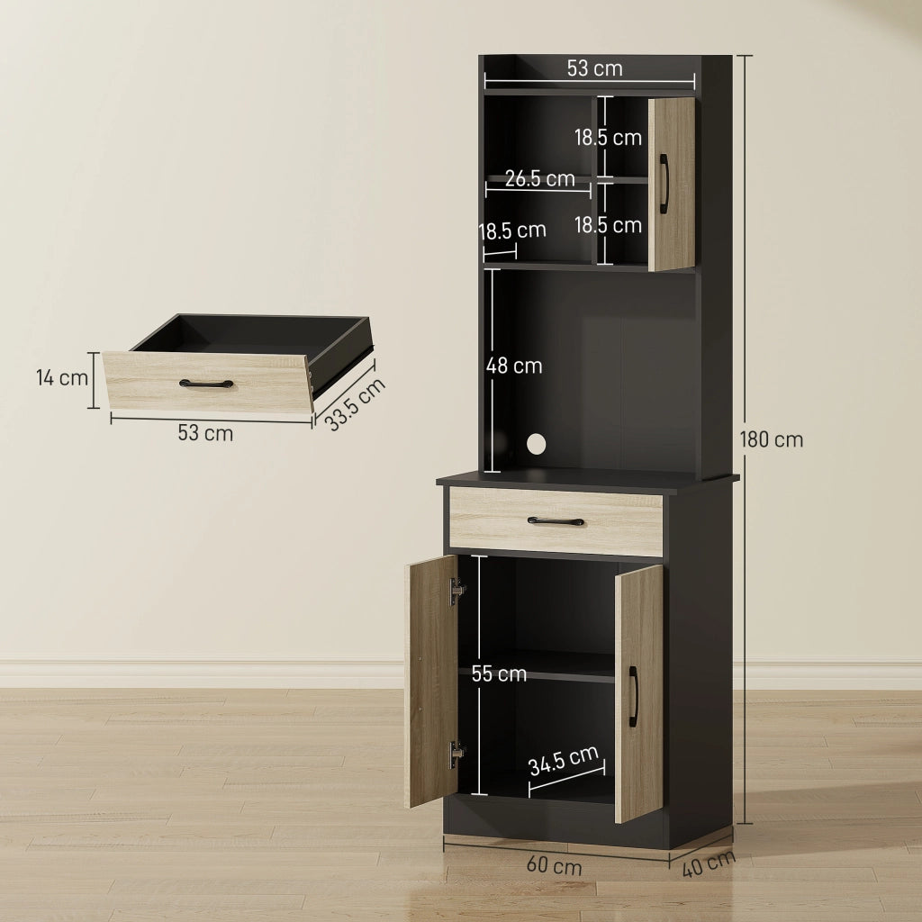 Mobile Alto Cucina Credenza Moderna 60x40x180 cm con Mensola e Foro Passacavi Rivestimento in Melamina Nero e Color