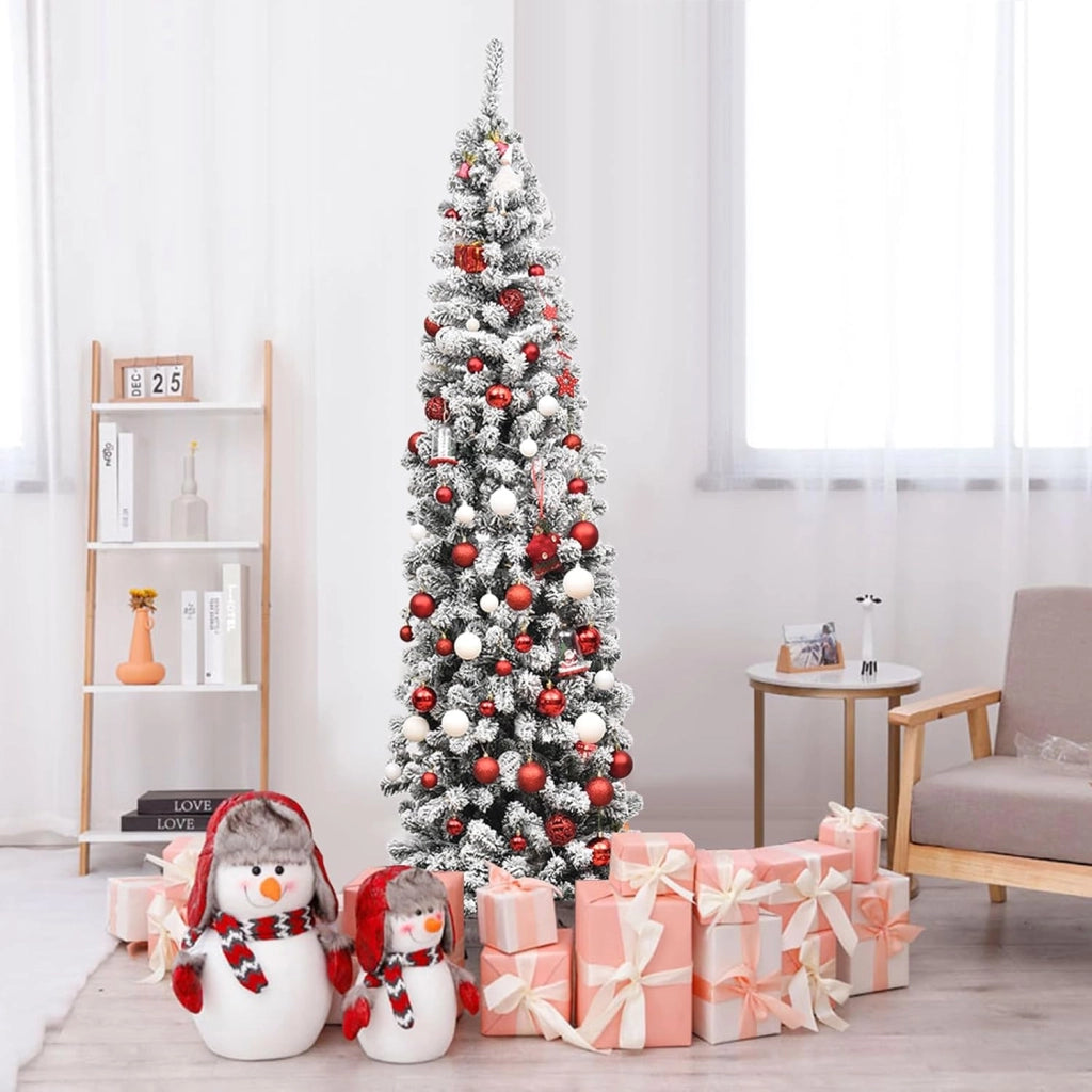 Albero di Natale Slim 135/180/225 cm, Albero di Natale Innevato con 150/250/350 Luci LED, 242/500/641 Rami e Base di Metallo, Decorazione Natalizia per Casa e Negozio (225 CM)