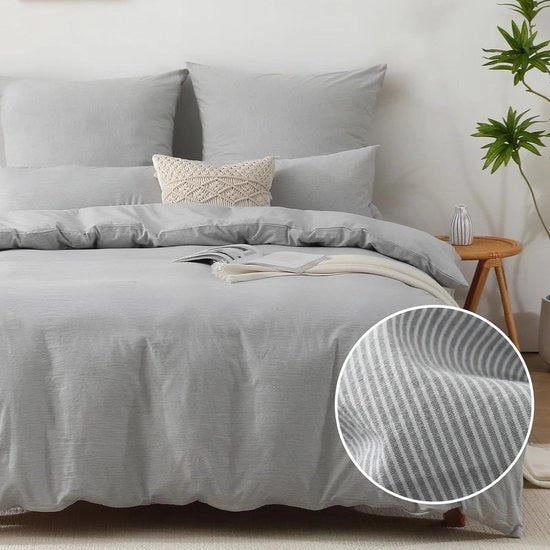 Set di coperte e cuscini 200 x 200 cm, cotone, a righe, 100% cotone lavato, grigio, a righe, certificato Öko-Tex, comprende 1 coperta da letto 200 x 200 cm e 2 cuscini 80 x 80 cm