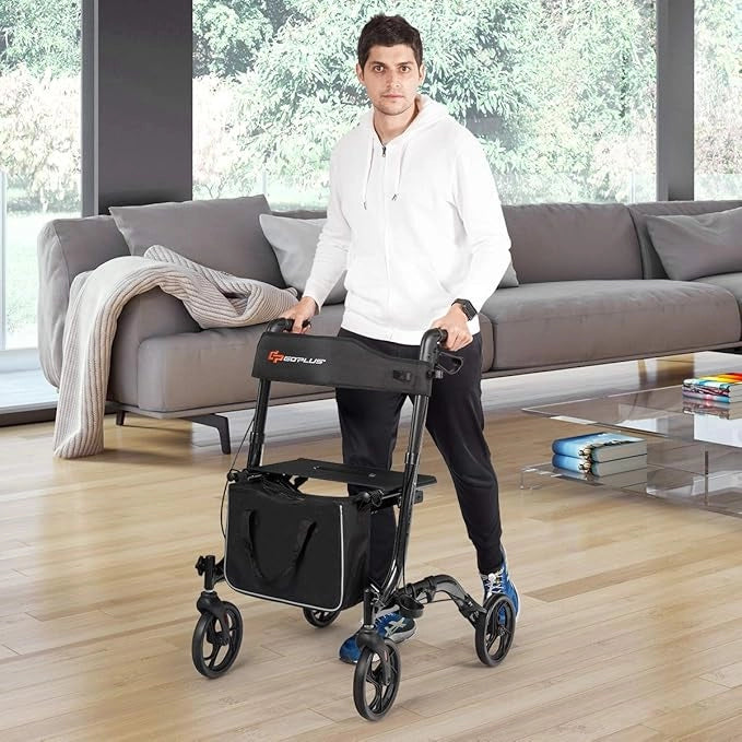 Deambulatore Pieghevole per Anziani Ultraleggero, con Sedile Borsa da Spesa e 4 Ruote Freno a Mano, Rollator Altezza Regolabile, Capacità 136kg, Lega di Alluminio, Nero (Nero)
