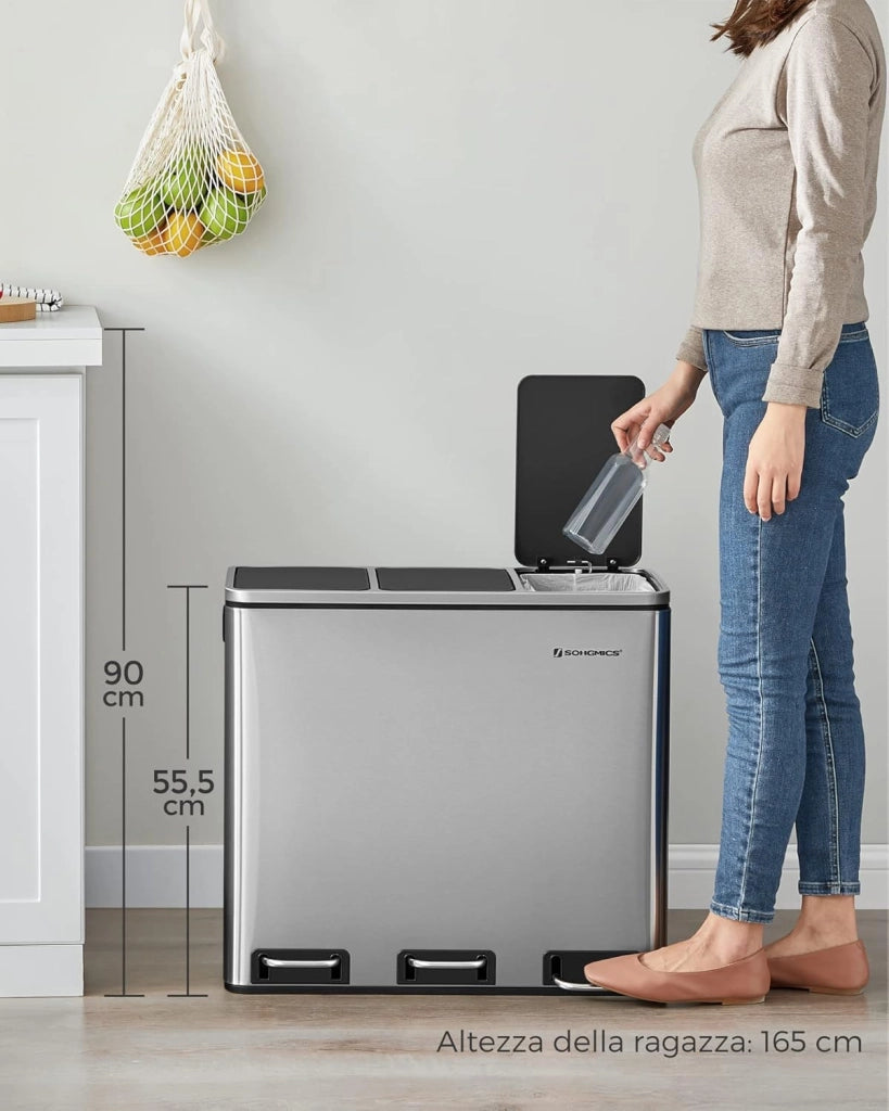 SONGMICS Cestino da Cucina, Pattumiera per Raccolta Differenziata 3 x 18L, 3 Scomparti per Riciclaggio, Coperchi a Chiusura Morbida, Pedali, Acciaio, Argento Metallizzato e Nero Inchiostro LTB54NL