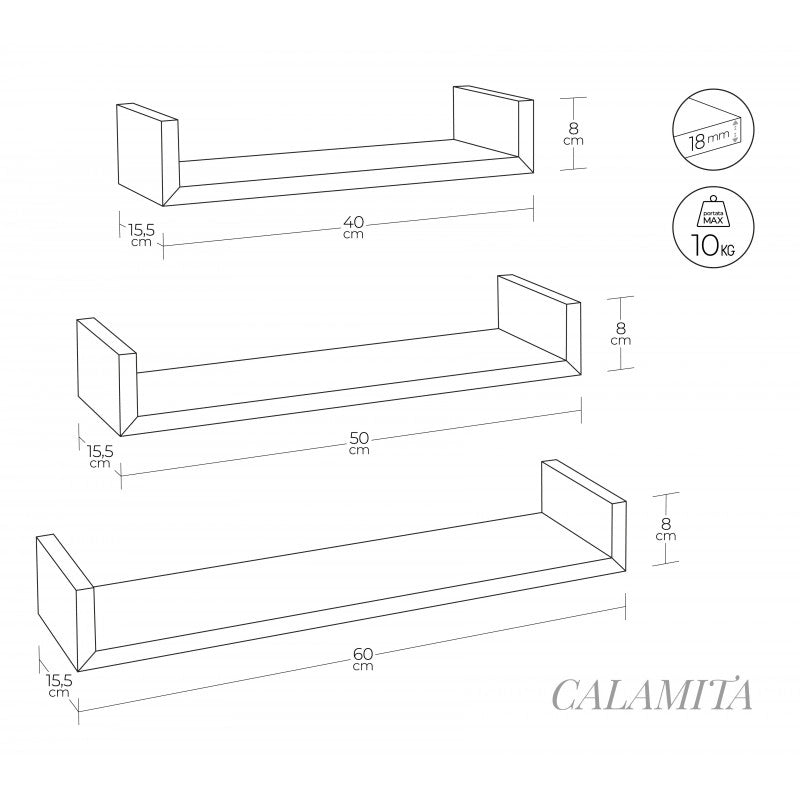Set di 3 Mensole da Muro, Mensole Muro Design, Mensola da Parete, Arancione, 60x8 p15,5 cm, 50x8 p15,5 cm e 40x8 p15,5 cm - Calamita