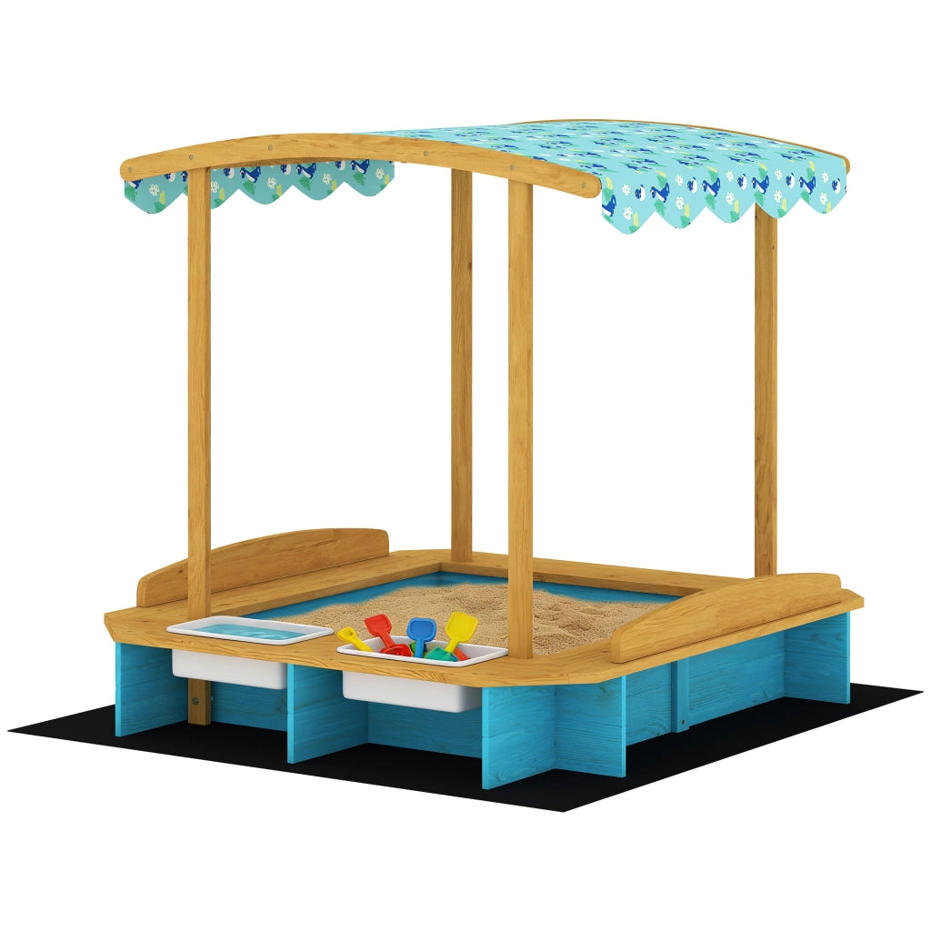 Arenero per Bambini in Legno con Tetto 3 Panchine 2 Contenitori in PP ¨C zephmum ¨C 128x118x121 cm Blu