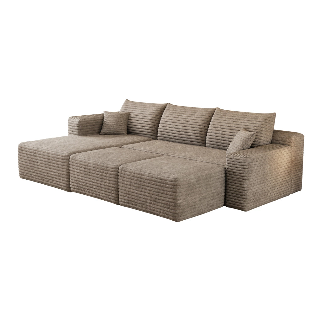 Divano angolare in corduroy a righe; seduta profonda - cammello 241×151×58 cm