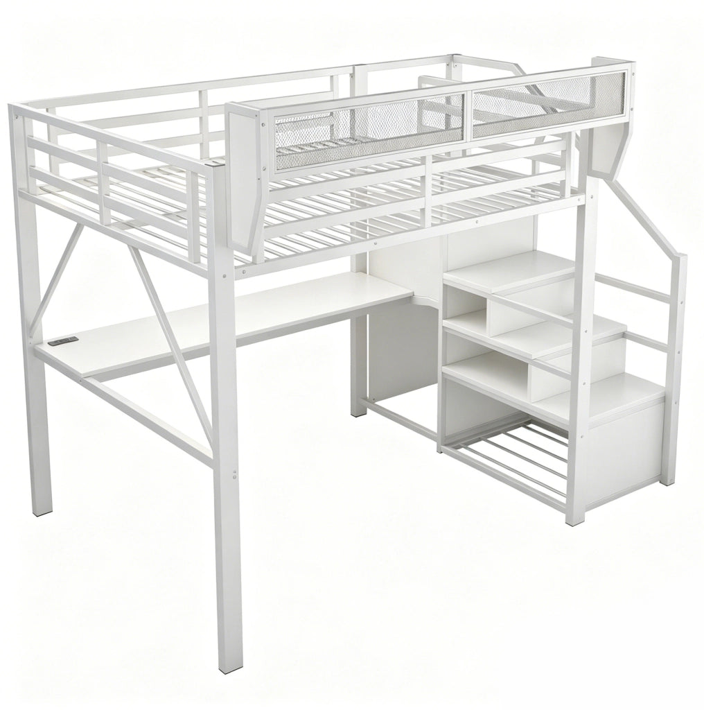 Letto a soppalco 140x200 cm con scrivania, LED e ripiani in metallo bianco