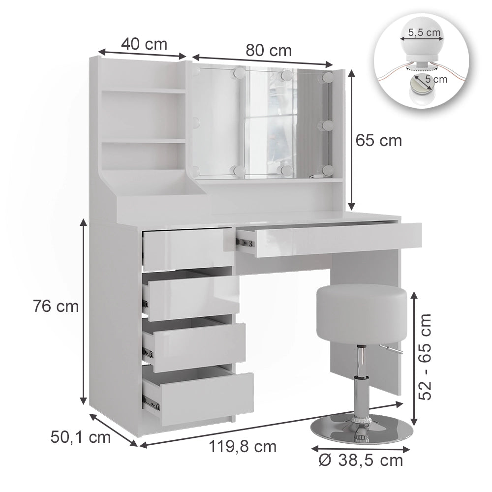 Vicco Tavolo da toeletta Bianco/bianco lucido 119.8 cm 4 parti