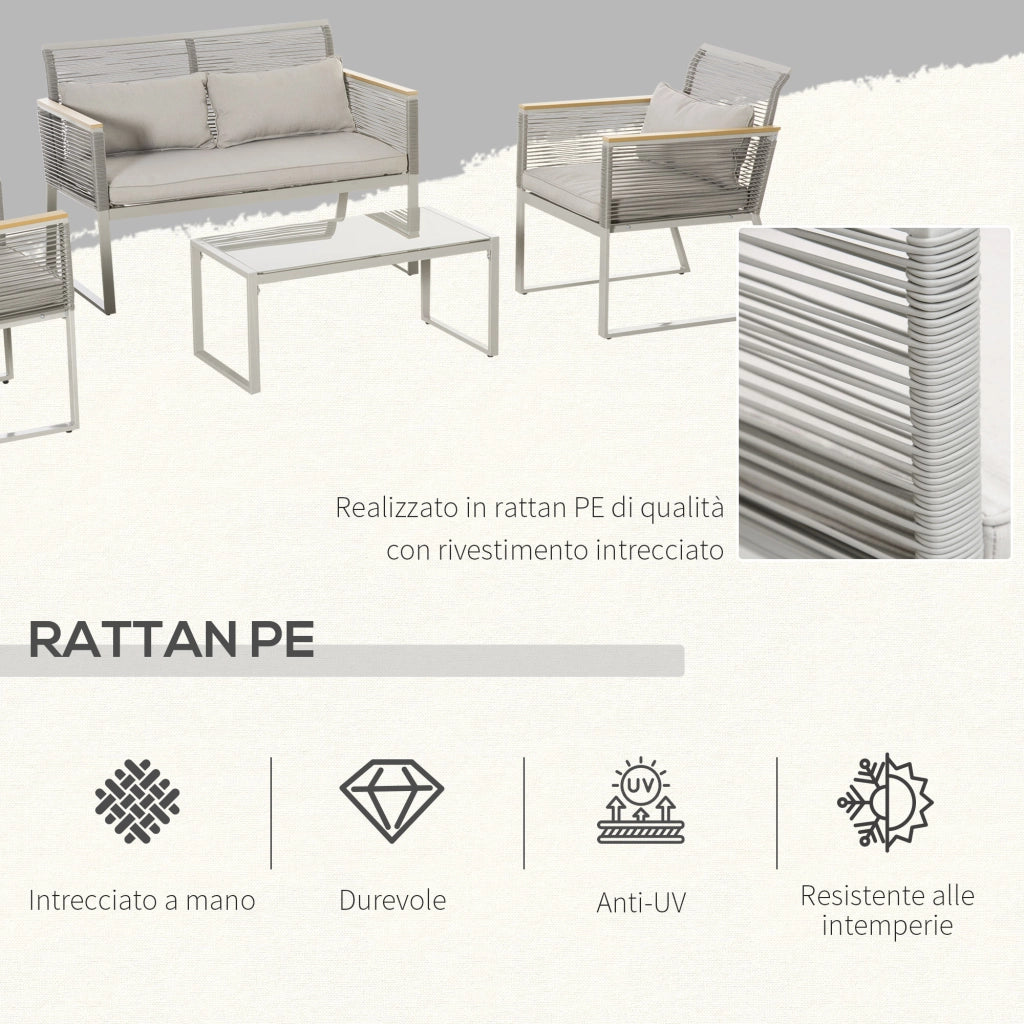 EasyComfort Set da Giardino 4 Pezzi in Rattan PE con 2 Poltrone, Divanetto e Tavolino da Caffè in Vetro Temperato Grigio