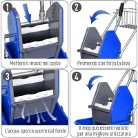 Carrello delle Pulizie Professionale con Secchio da 26L per Mocio, Strizzatore e Cestini a Rete, Blu