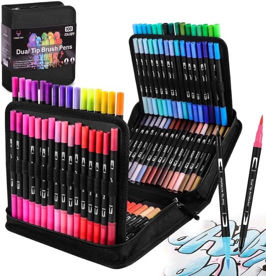 Set di pennelli a pastello 100 colori - Pennelli a pastello doppi - Pennelli a pastello per acquerello - Pennelli a pastello per calligrafia - Pennelli a pastello per Bullet Journal - Inchiostro non tossico - Pennelli a pastello per colorare