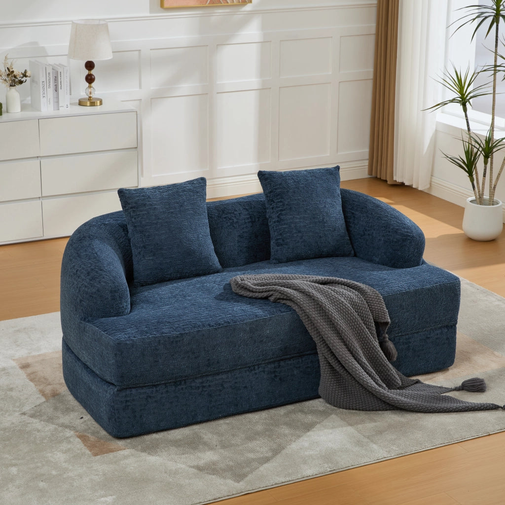 Divano letto a due posti convertibile con due cuscini in ciniglia blu navy compatto moderno per soggiorno e camera ospiti