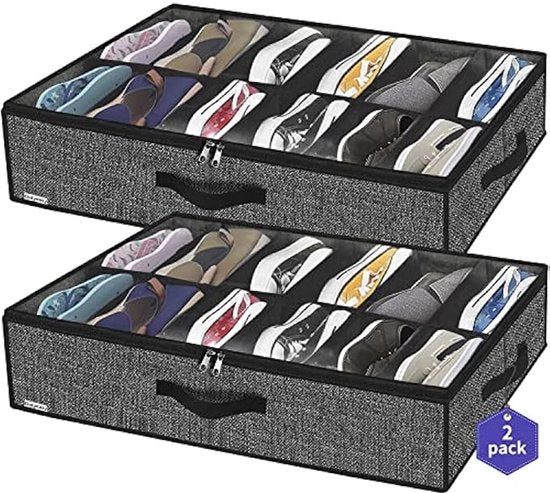 Set di sostegni per scarpe a due pezzi con finestra trasparente - rastrelliera per scarpe con 12 contenitori, adatta per spazio di archiviazione sotto il letto, tessuto in lino nero.
