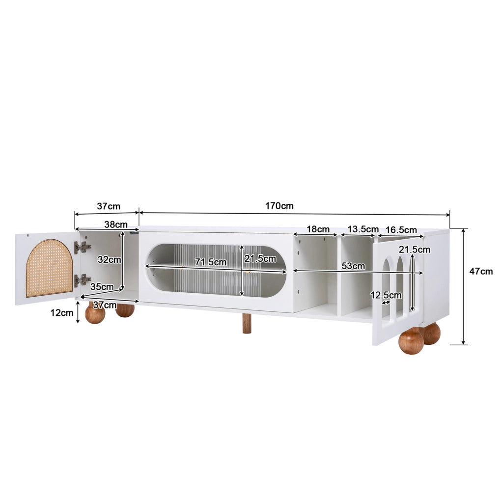 Mobile TV 170 cm bianco e legno – ante decorative, vetro scorrevole e vani