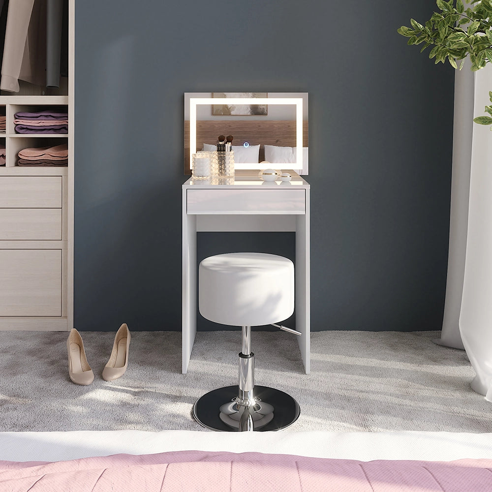 Vicco Tavolo da toeletta Bianco/bianco lucido 51.4 cm con specchio LED e sgabello