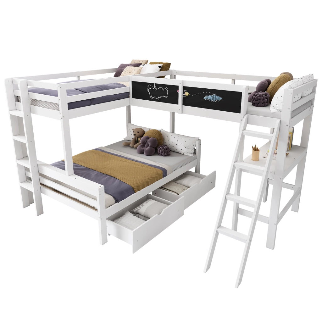 OKWISH Letto a Castello 140×200 cm e 90×200 cm, Letto 3 Posti con 2 Cassetti, Scrivania Integrata e Mensole, senza Materasso, Bianco