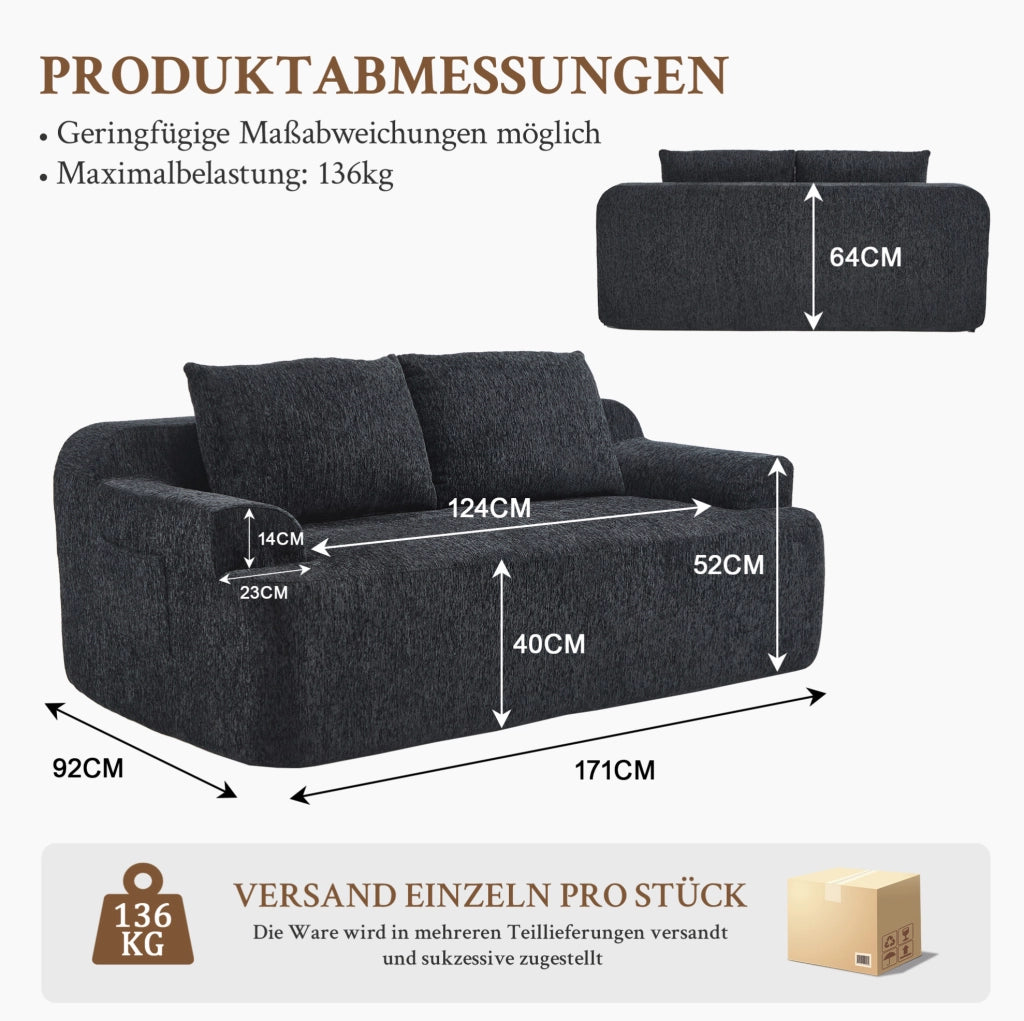 Divano modulare doppio in tessuto a coste nero con memory foam e cuscini grandi