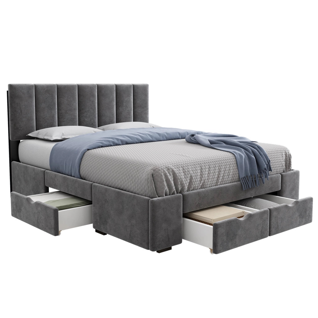 Letto matrimoniale imbottito 140x200 cm in velluto grigio con rete a doghe e 4 cassetti