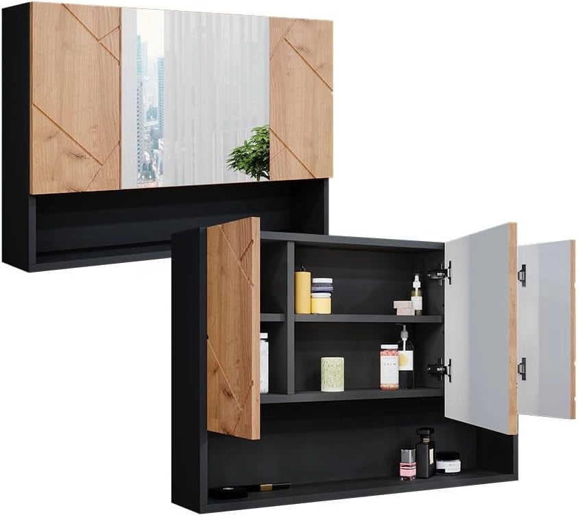 Specchio contenitore bagno Irma, Quercia dorata/antracite, 80.1 x 55 cm, con specchio e ripiani aperti per montaggio a parete