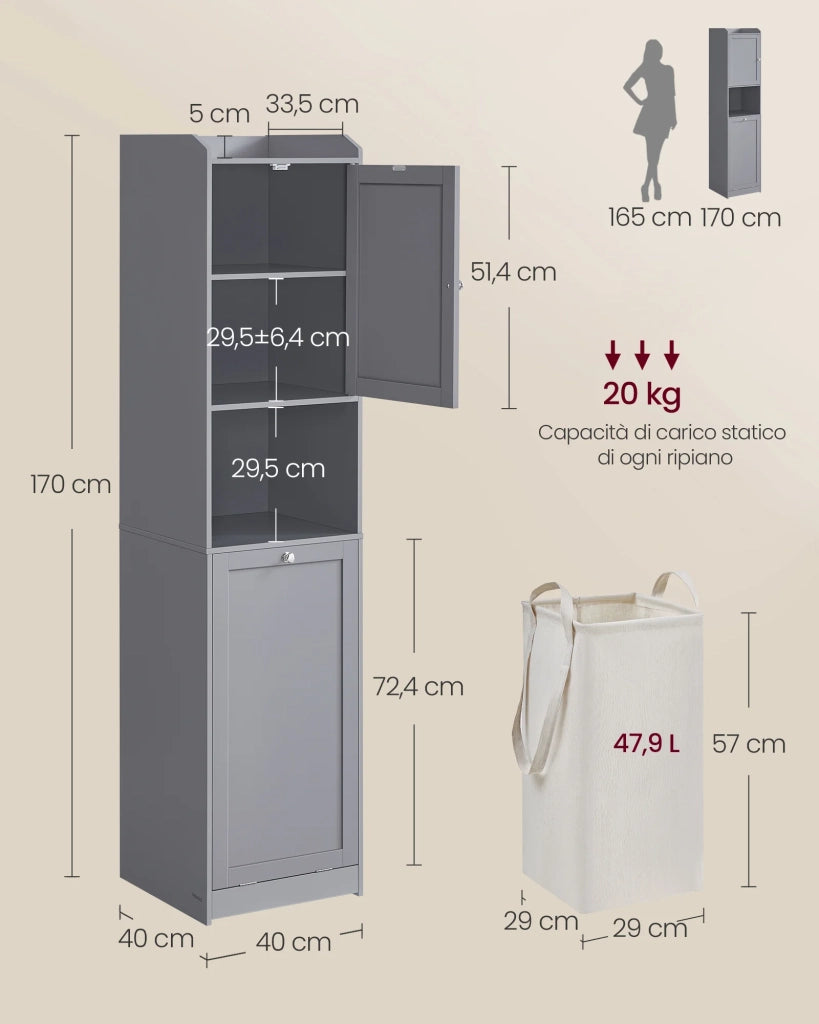 Mobiletto da bagno con cesto per la biancheria armadio alto portaoggetti sacco interno estraibile con maniglie scomparto con anta 40 x 40 x 170 cm grigio 12_0006488