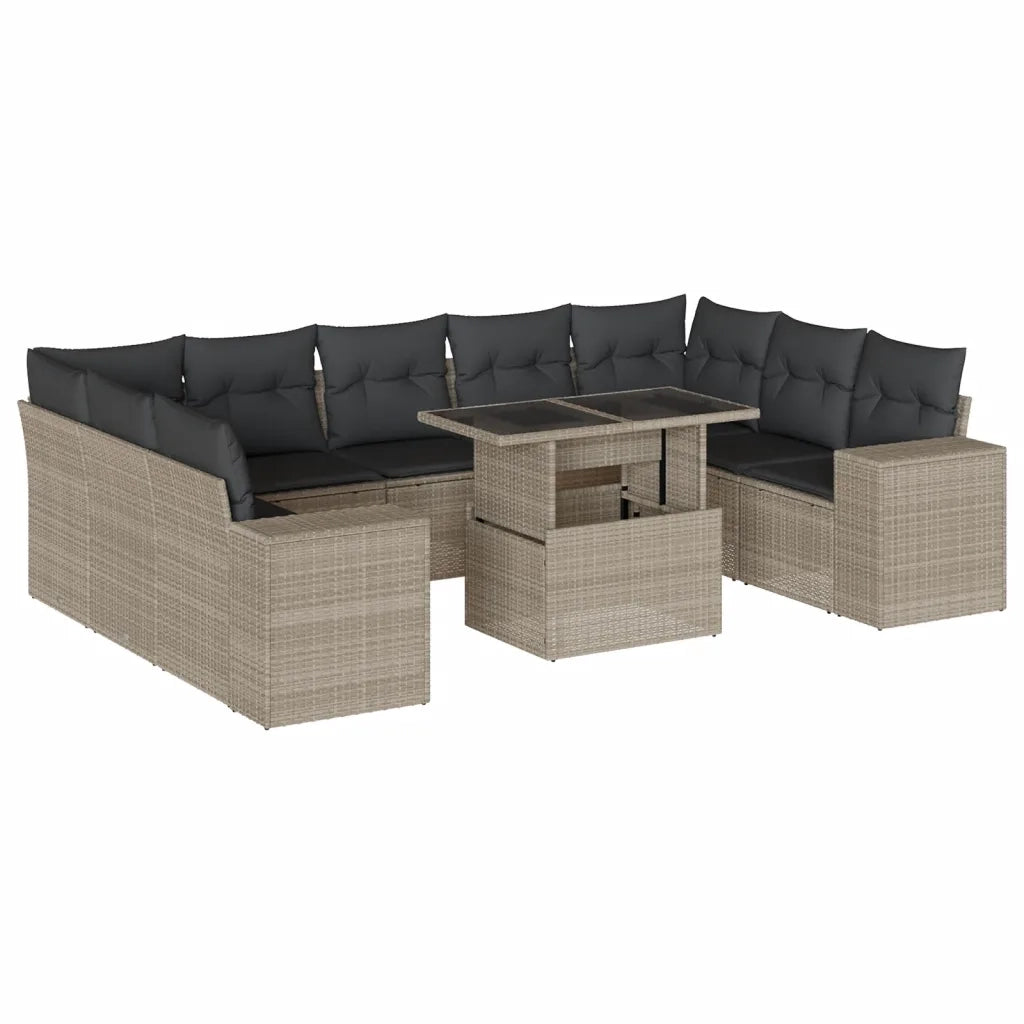 Set Divano Giardino 10 pz con Cuscini Grigio Chiaro Polyrattan