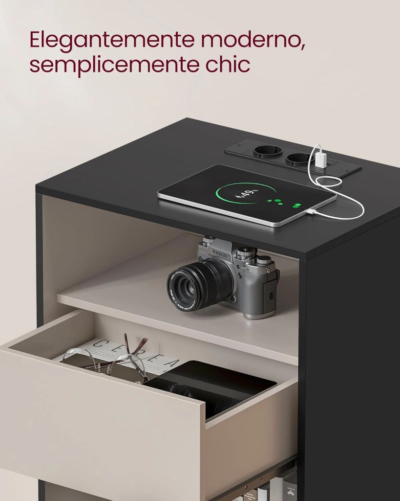 VASAGLE Comodino, Montaggio Rapido Senza Attrezzi Toolless, Tavolino con Stazione di Ricarica, Moderno, Cassetto, per Camera da Letto e Soggiorno, Nero Inchiostro e Beige Cappuccino LET777B04
