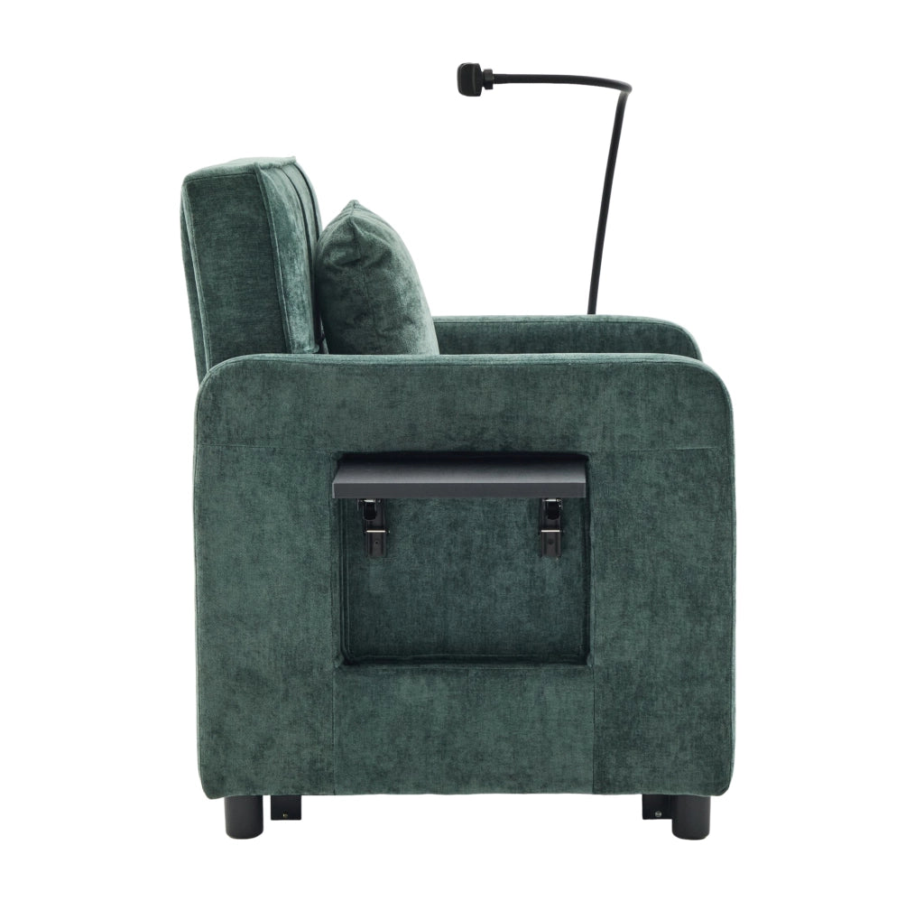 Poltrona letto 2 in 1 in tessuto Chenille verde con tavolino e scomparti portaoggetti