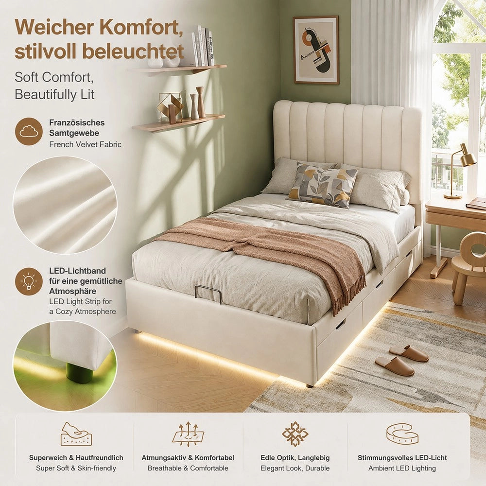 Letto imbottito contenitore con cassetti LED ¨C Minimal ¨C Velluto beige 90x200 cm
