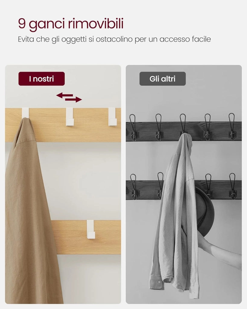 VASAGLE Appendiabiti, Mobile Ingresso con Ganci, Specchio, Panca Scarpiera e Ripiani, 36 x 98 x 185 cm, Corridoio Camera da Letto Salotto, Color Rovere e Bianco HSR050W09